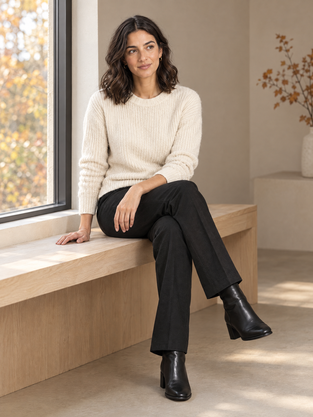 Ondalear model seated by a window in a cream knitted jumper and black boots