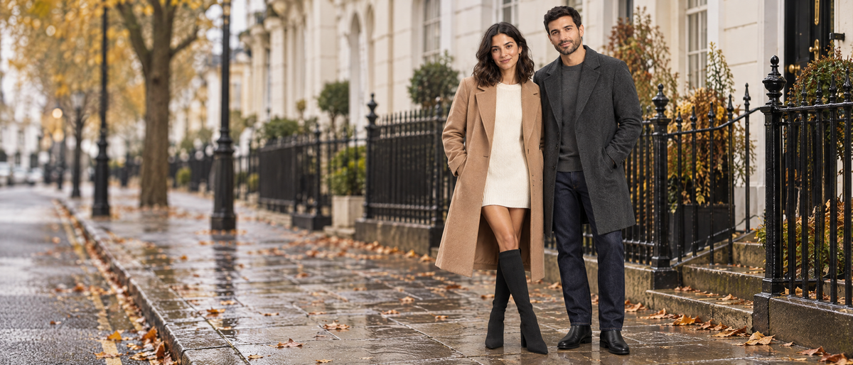 Two models wearing Ondalear boots and wool coats on an autumn London street