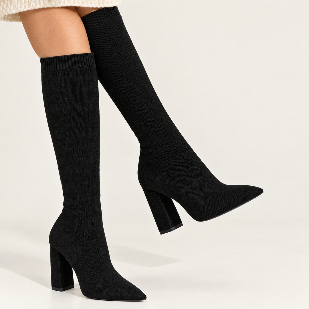 Ondalear Marlowe black knitted knee high sock boots with pointed toe and block heel