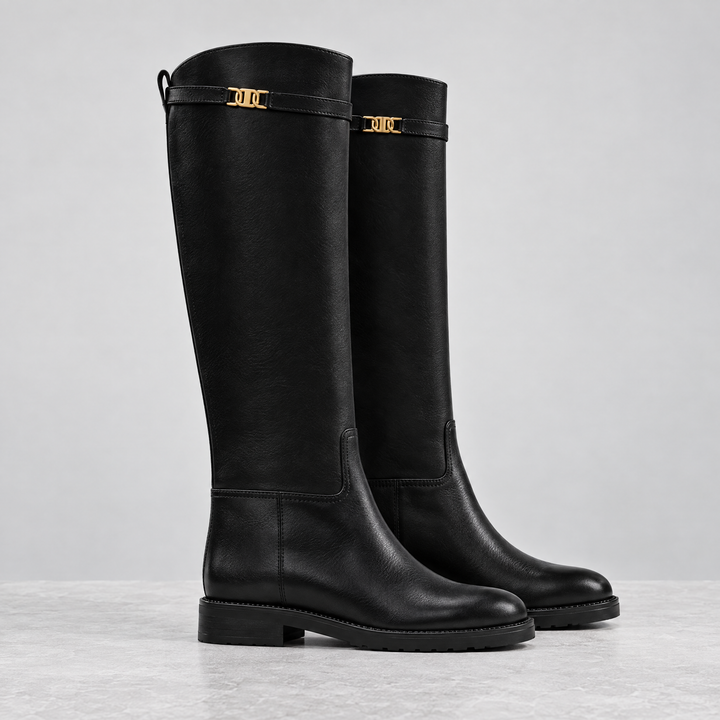 Ondalear Harlow black flat knee high riding boots with gold link detail
