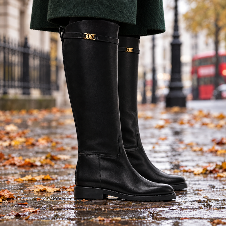 Harlow black riding boots on a cobbled London street in autumn