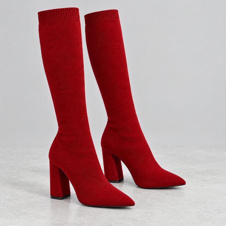 Ondalear Marlowe knitted knee high sock boots in red with pointed toe and block heel