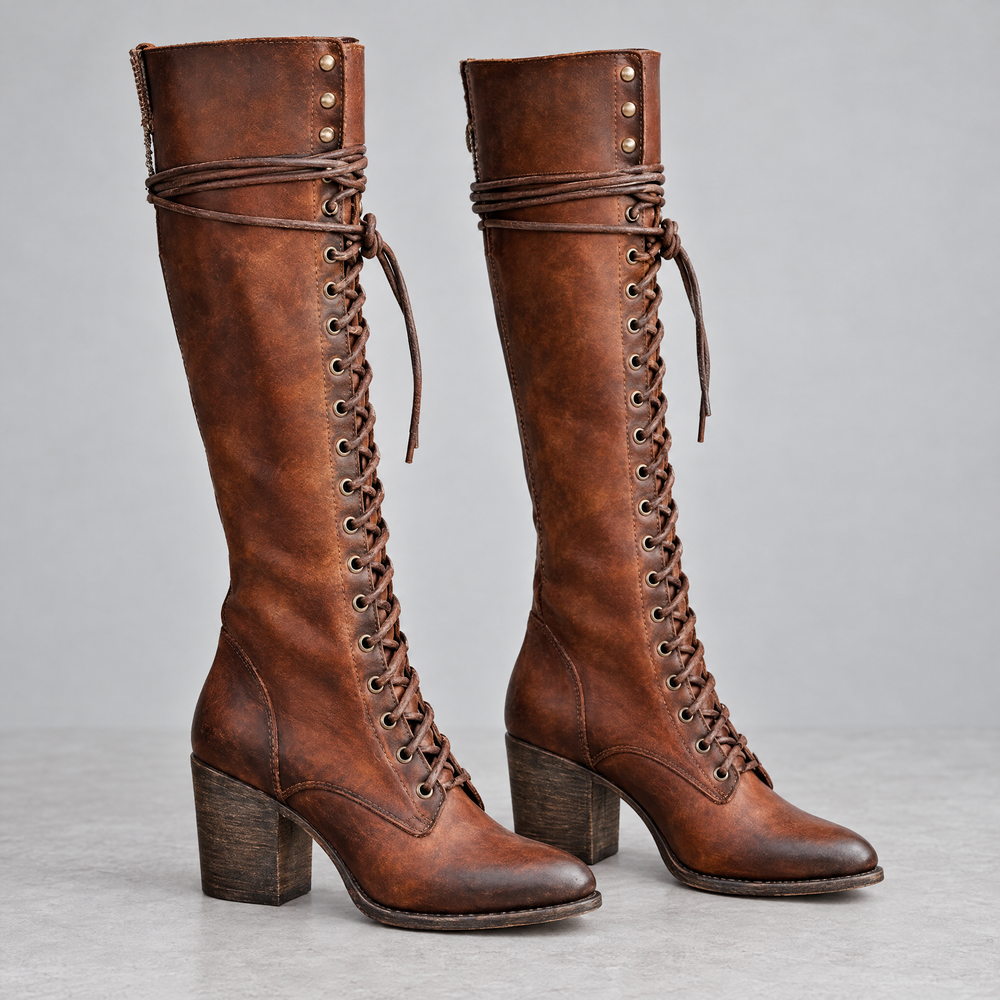 Rowan lace up knee high boots in cognac brown with wooden block heel