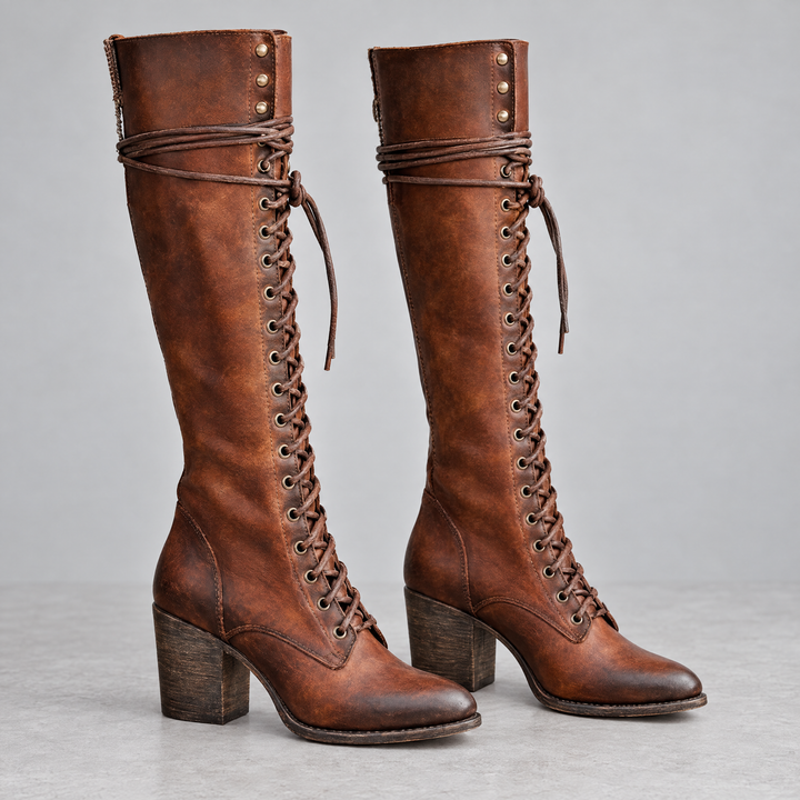 Rowan lace up knee high boots in cognac brown with wooden block heel