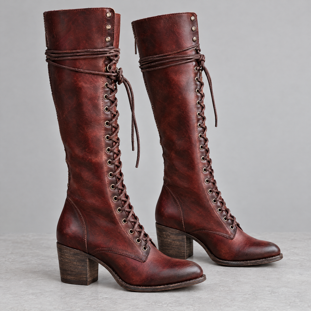 Ondalear Rowan lace up knee high boots in red brown with wooden block heel