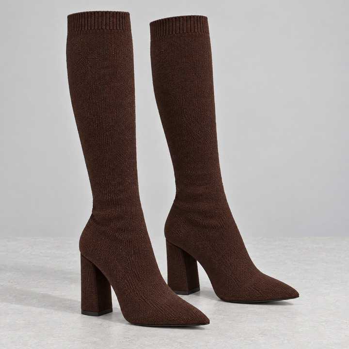Ondalear Marlowe knitted knee high sock boots in brown with pointed toe and block heel