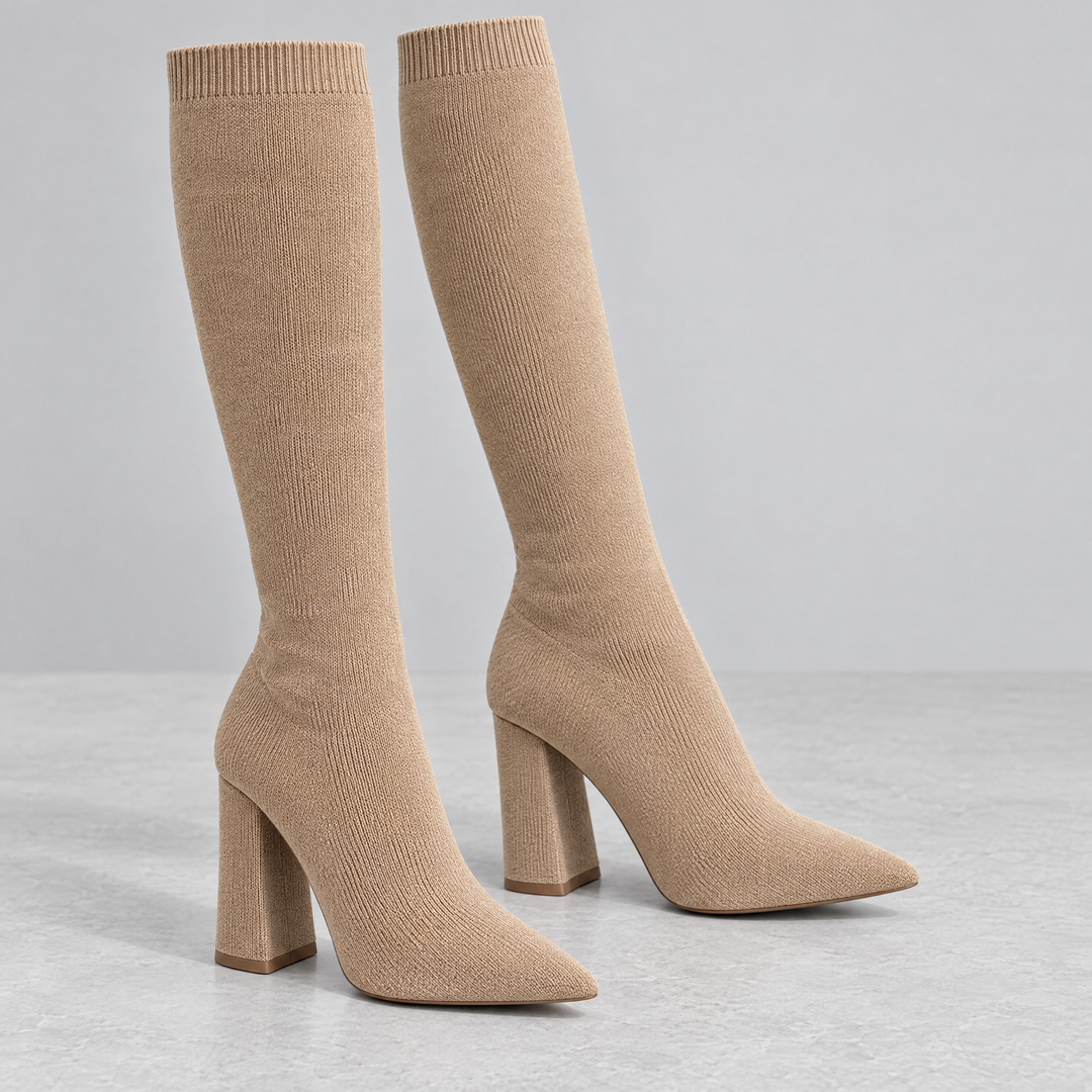 Ondalear Marlowe knitted knee high sock boots in beige with pointed toe and block heel