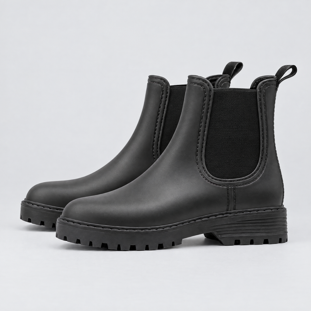 Ondalear Wren black waterproof Chelsea rain boots with chunky lugged sole