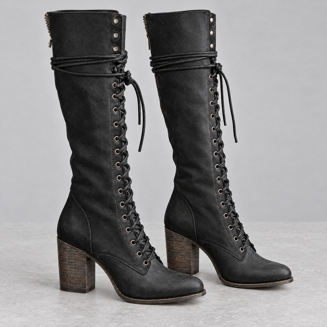 Ondalear Rowan black lace up knee high boots with wooden block heel