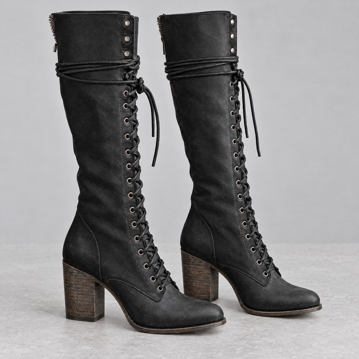 Ondalear Rowan black lace up knee high boots with wooden block heel