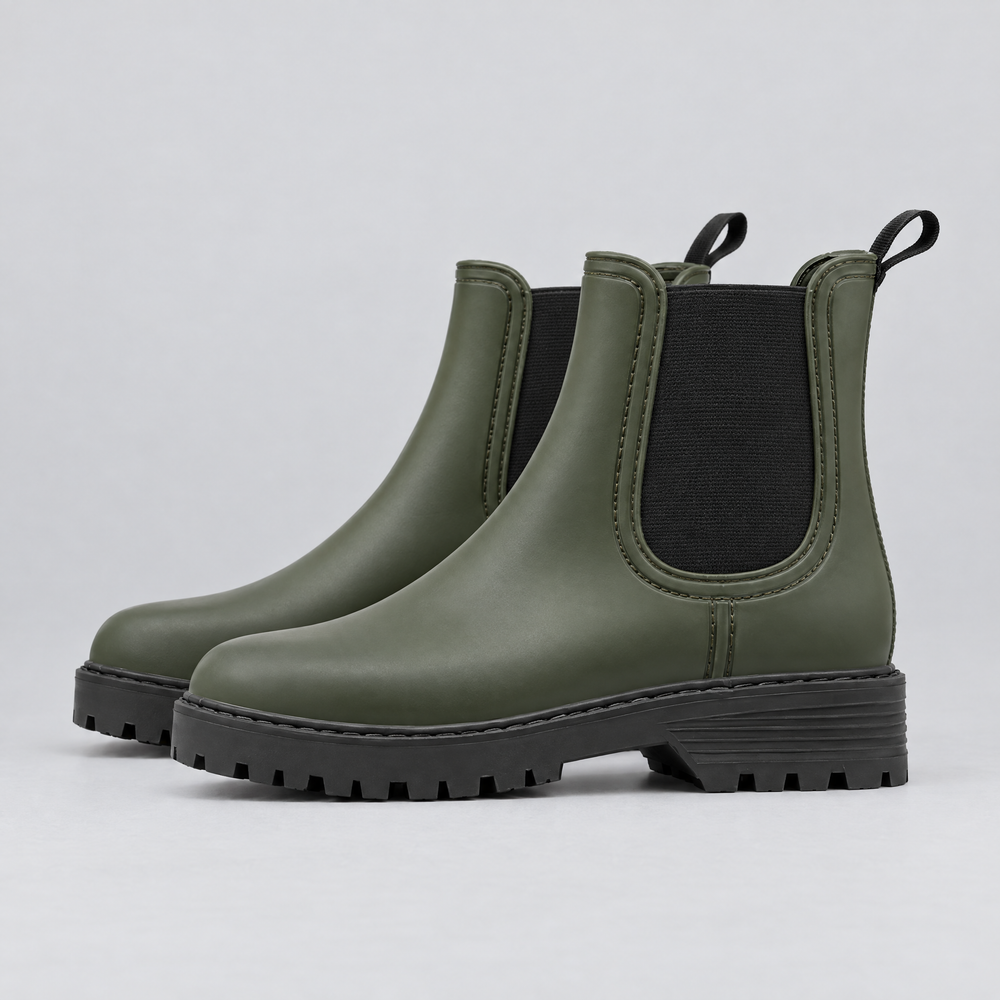 Wren waterproof Chelsea rain boots in army green with chunky lugged sole