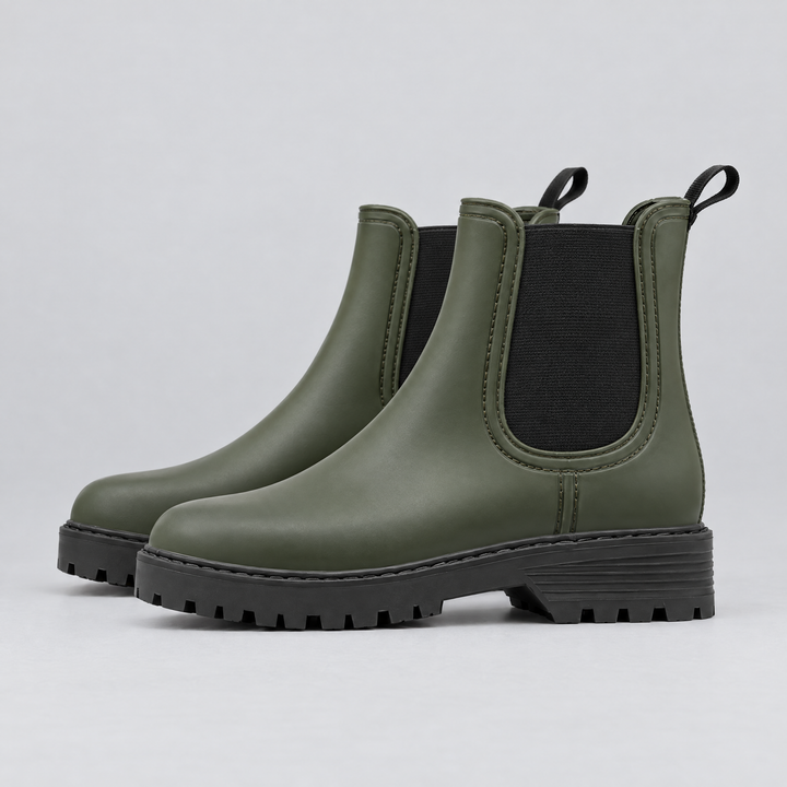 Wren waterproof Chelsea rain boots in army green with chunky lugged sole