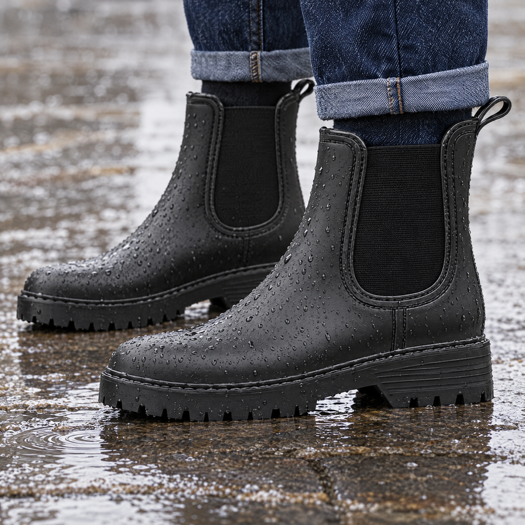 Wren black waterproof rain boots worn on a wet pavement in the rain