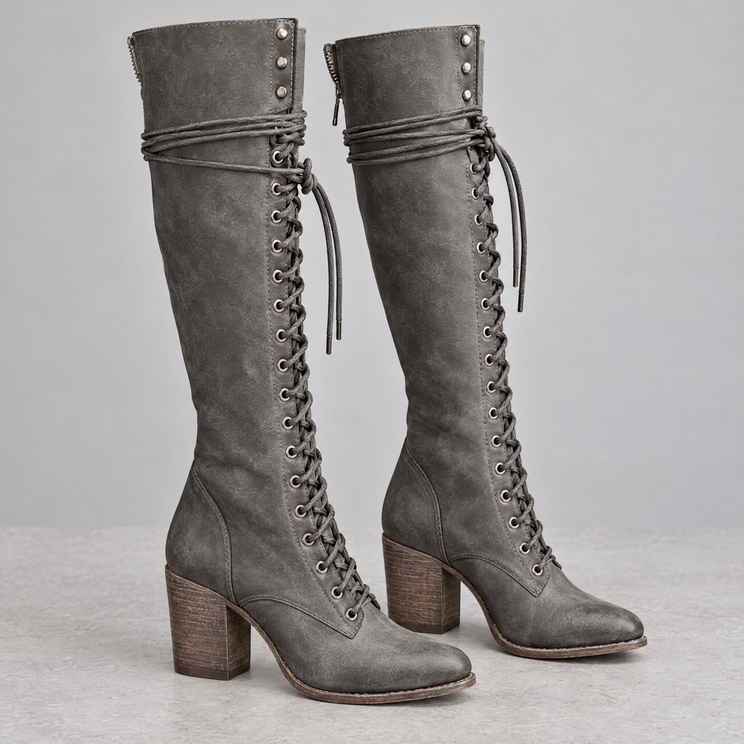 Ondalear Rowan lace up knee high boots in grey with wooden block heel