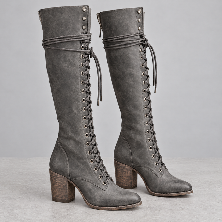 Ondalear Rowan lace up knee high boots in grey with wooden block heel